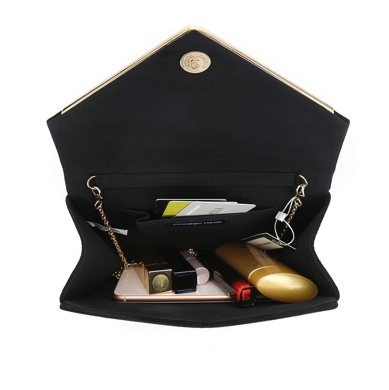 CHARMING TAILOR Envelope Purse Formal Faux Suede Clutch Rhinestone Evening Bag for Women Party Handbag (Black/gold) - Image 4